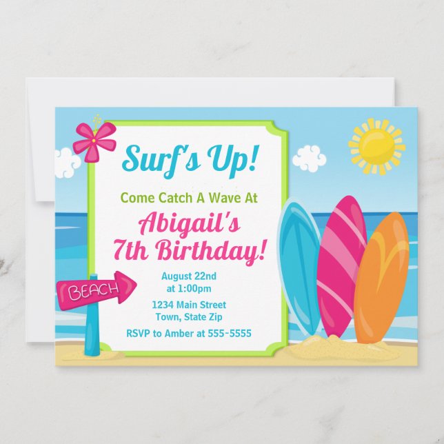 Surf Board Birthday Invitation Surf Girl Beach (Front)