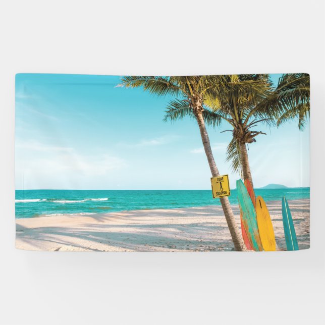 Surf boards on beach throw pillow banner (Horizontal)