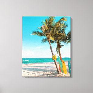 Surf boards on beach throw pillow canvas print