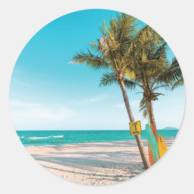 Surf boards on beach throw pillow classic round sticker (Front)