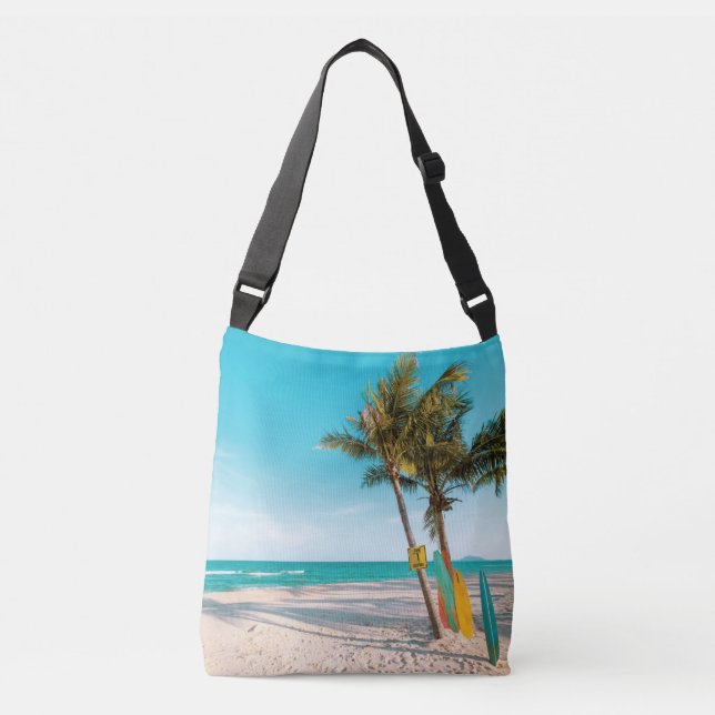 Surf boards on beach throw pillow crossbody bag (Front)