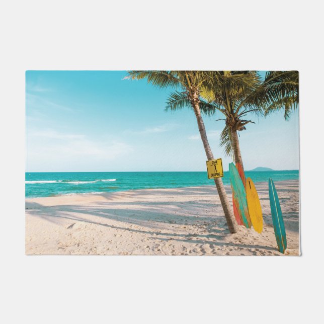 Surf boards on beach throw pillow doormat (Front)