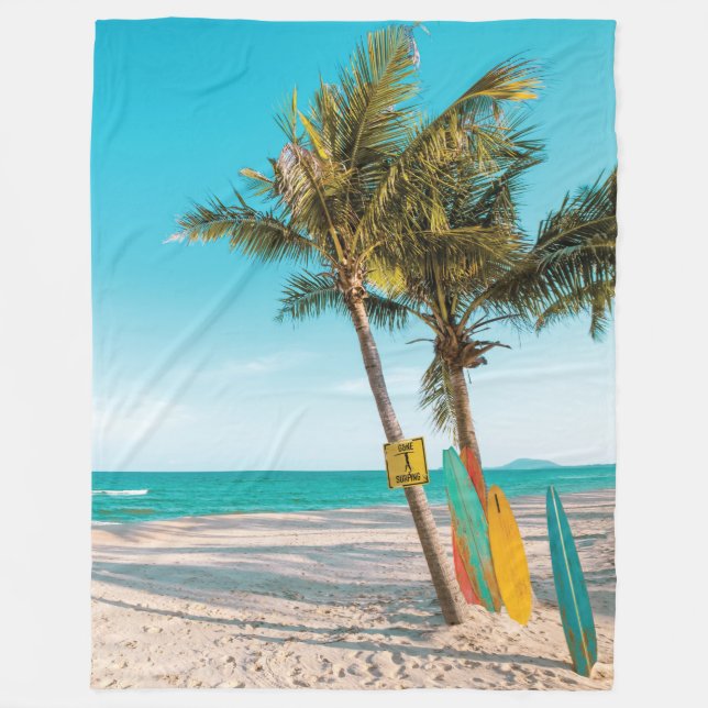 Surf boards on beach throw pillow fleece blanket (Front)