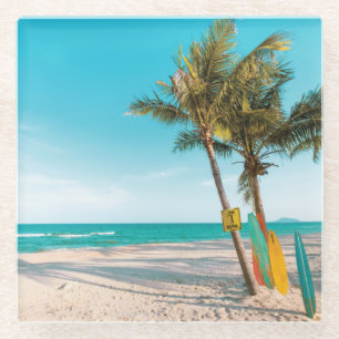 Surf boards on beach throw pillow glass coaster