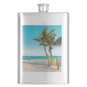 Surf boards on beach throw pillow hip flask