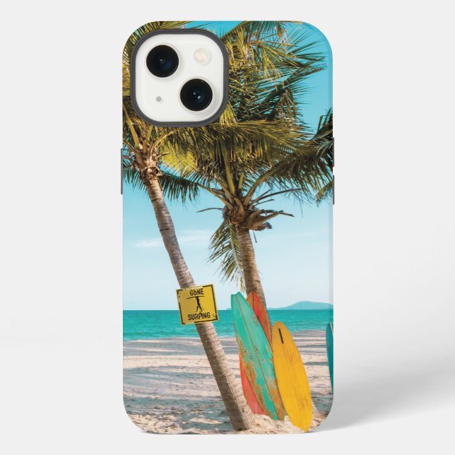 Surf boards on beach throw pillow iPhone case (Back)