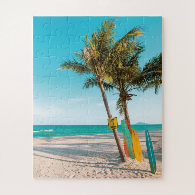 Surf boards on beach throw pillow jigsaw puzzle (Vertical)