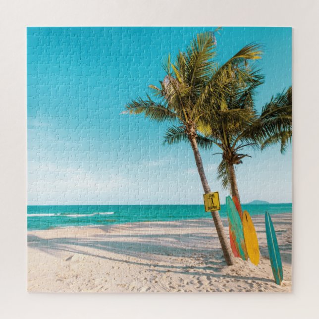 Surf boards on beach throw pillow jigsaw puzzle (Vertical)