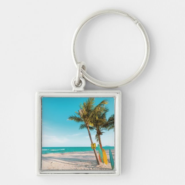 Surf boards on beach throw pillow keychain (Front)