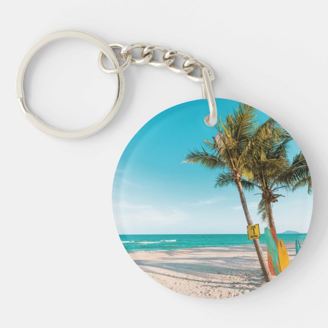 Surf boards on beach throw pillow keychain (Front)