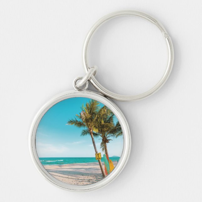 Surf boards on beach throw pillow keychain (Front)