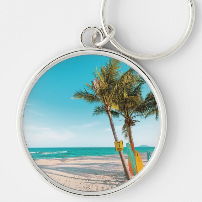 Surf boards on beach throw pillow keychain (Front)