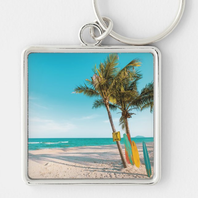 Surf boards on beach throw pillow keychain (Front)