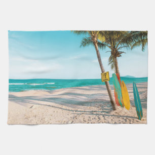 Surf boards on beach throw pillow kitchen towel