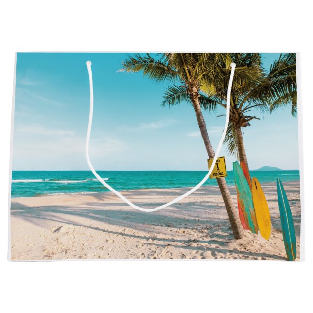 Surf boards on beach throw pillow large gift bag (Front)