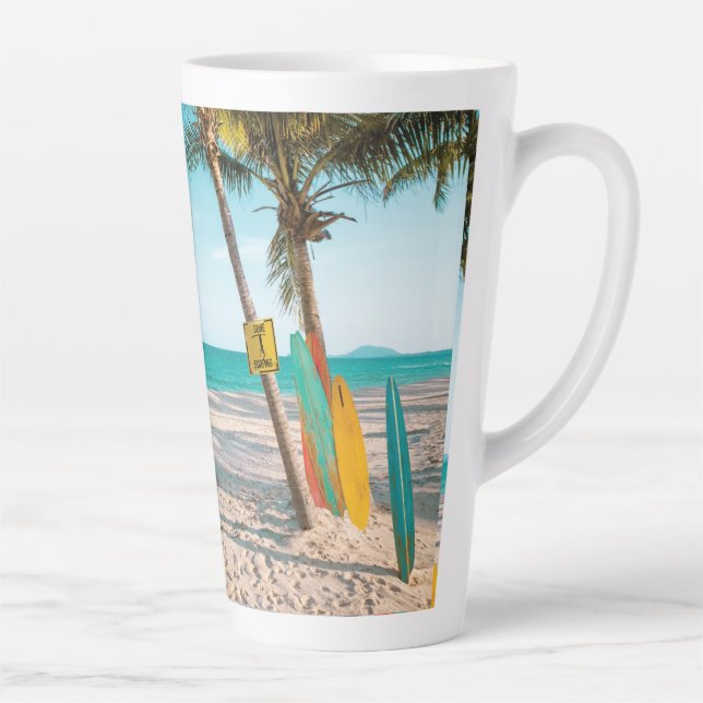 Surf boards on beach throw pillow latte mug (Right)