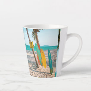 Surf boards on beach throw pillow latte mug