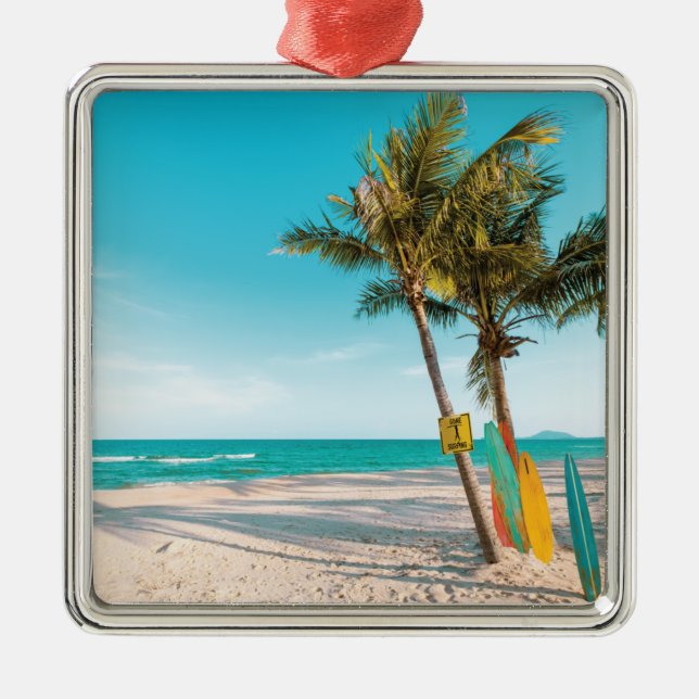 Surf boards on beach throw pillow metal ornament (Front)