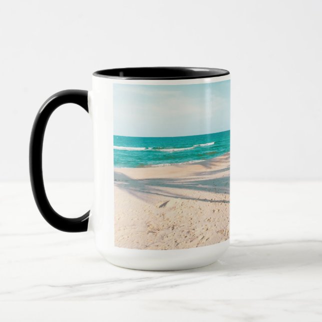 Surf boards on beach throw pillow mug (Left)