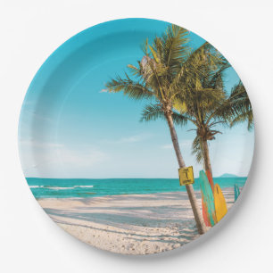 Surf boards on beach throw pillow paper plate