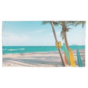 Surf boards on beach throw pillow pillowcase