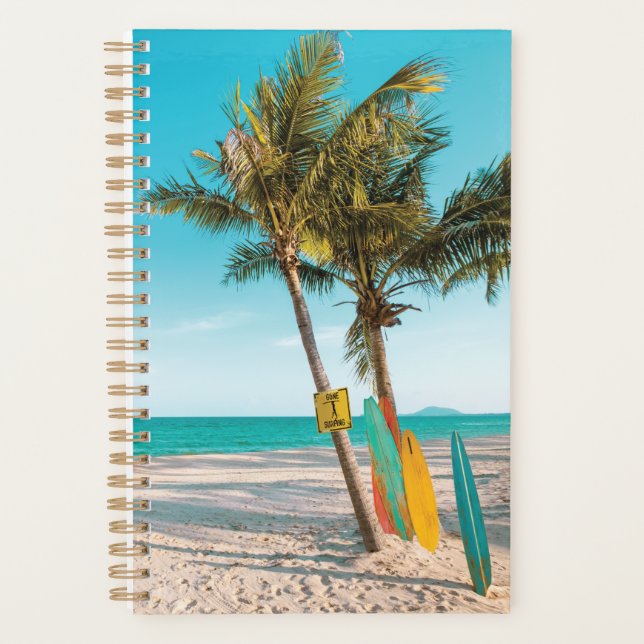 Surf boards on beach throw pillow planner (Front)