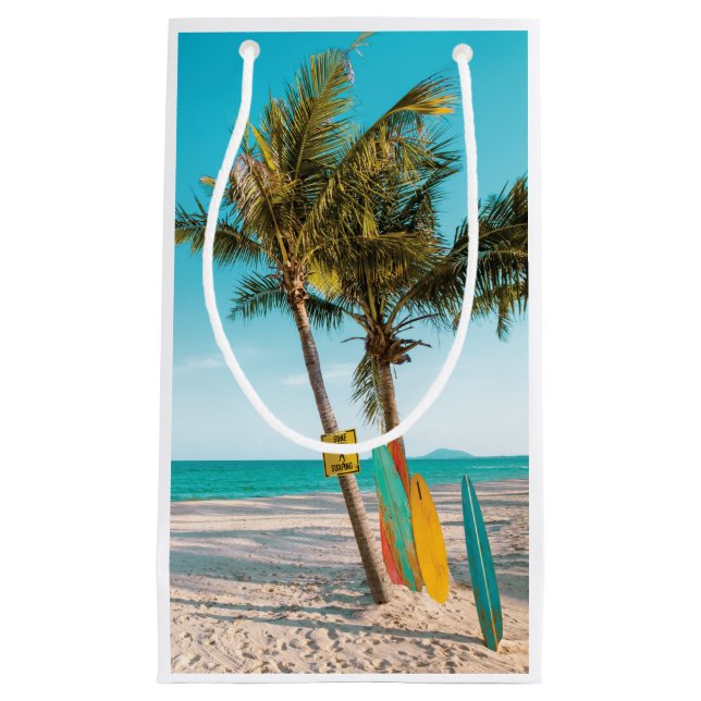 Surf boards on beach throw pillow small gift bag (Front)