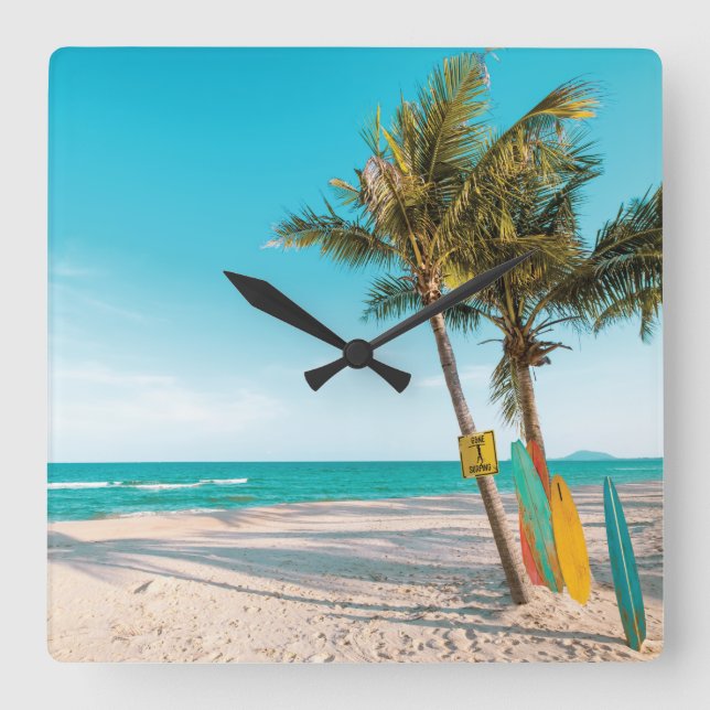 Surf boards on beach throw pillow square wall clock (Front)