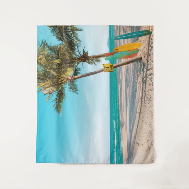 Surf boards on beach throw pillow tapestry (Front)