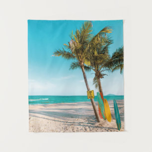Surf boards on beach throw pillow tapestry