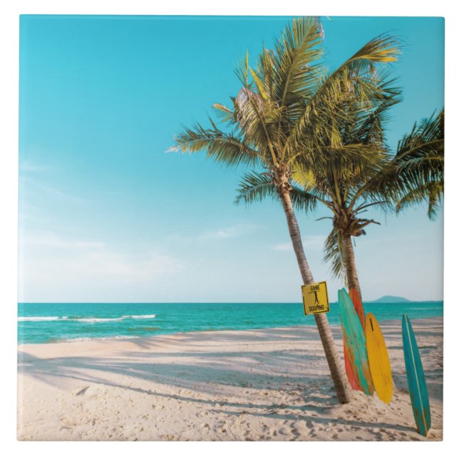 Surf boards on beach throw pillow tile (Front)