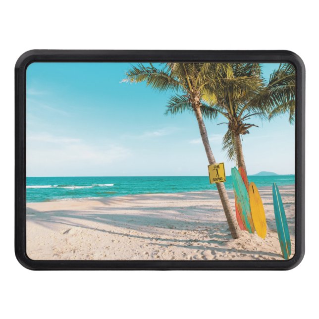 Surf boards on beach throw pillow trailer hitch cover (Front)