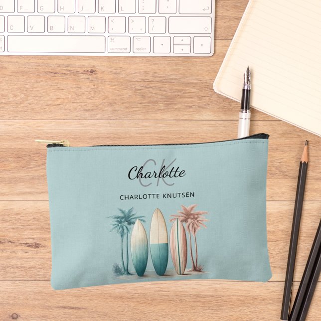 Surf boards palm trees retro teal aqua accessory pouch (Creator Uploaded)