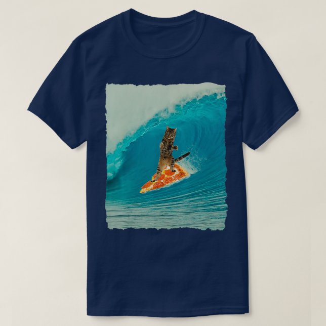 Surf Cat Kitty Riding a Wave with a Pizza Surf Boa T-Shirt (Design Front)