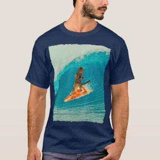 Surf Cat Kitty Riding a Wave with a Pizza Surf Boa T-Shirt