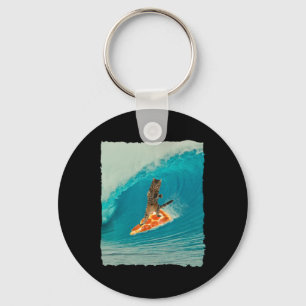 Surf Cat Shirt Kitty Riding A Wave With A Pizza Su Keychain