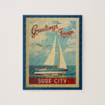 Surf City Jigsaw Puzzle Sailboat Retro New Jersey<br><div class="desc">This Greetings From Surf City New Jersey vintage travel nautical design features a boat sailing on the water with seagulls and a blue sky filled with gorgeous puffy white clouds.</div>