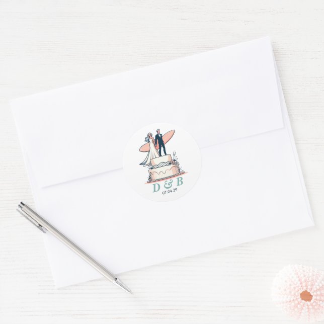 Surf Couple Wedding Classic Round Sticker (Envelope)