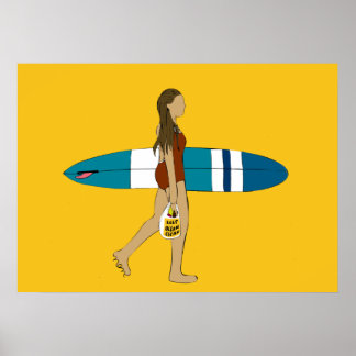 Surf girl with long board poster