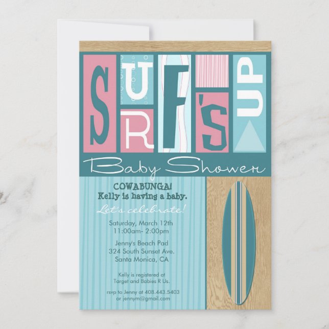 Surf  Invitation Rétro Baby shower - Rose (Devant)