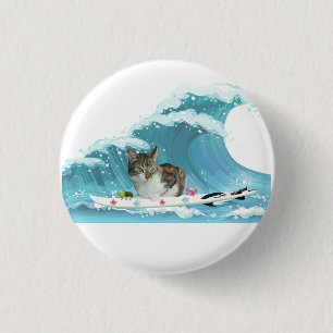 Surf Kitty Grey Tabby Rides the Wave  1 Inch Round Button