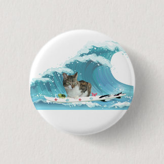 Surf Kitty Grey Tabby Rides the Wave  1 Inch Round Button