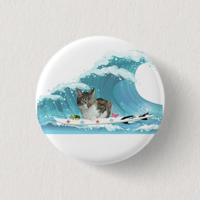 Surf Kitty Grey Tabby Rides the Wave  1 Inch Round Button (Front)