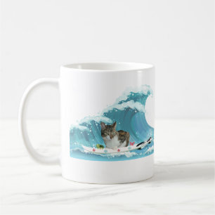 Surf Kitty Grey Tabby Rides the Wave  Coffee Mug
