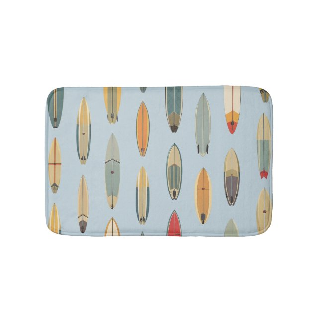 Surf Life | Retro Coastal Blue Surfboard Graphic Bath Mat (Front)