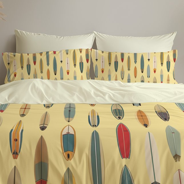 Surf Life | Retro Coastal Surfboard Print Yellow Pillowcase (Creator Uploaded)