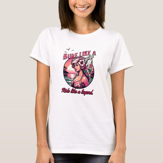 Surf Like a Girl  Surfing Girl with Pink Board T-Shirt (Front)
