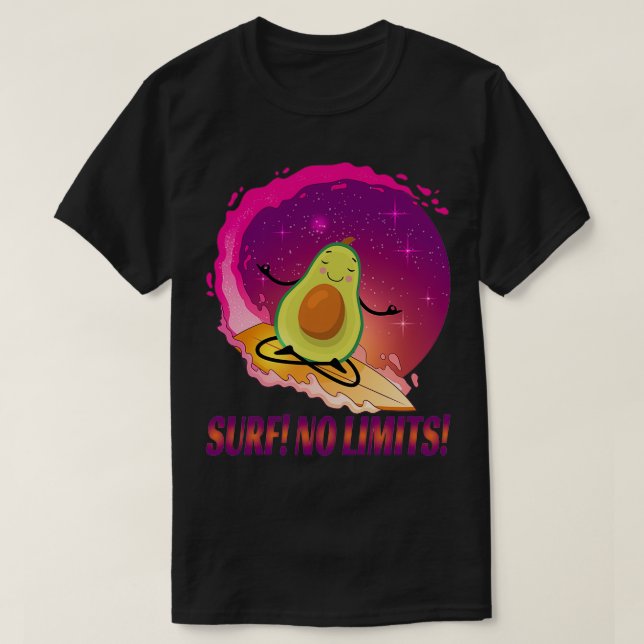 Surf No Limits Yoga Avocado Surfing In Space T-Shirt (Design Front)