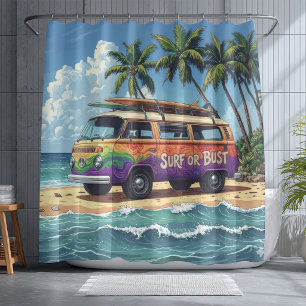 Surf Or Bust Groovy Retro Hippie Surfer Beach Bus