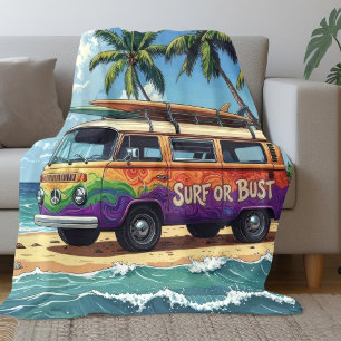 Surf Or Bust Groovy Retro Hippie Surfer Beach Bus Fleece Blanket